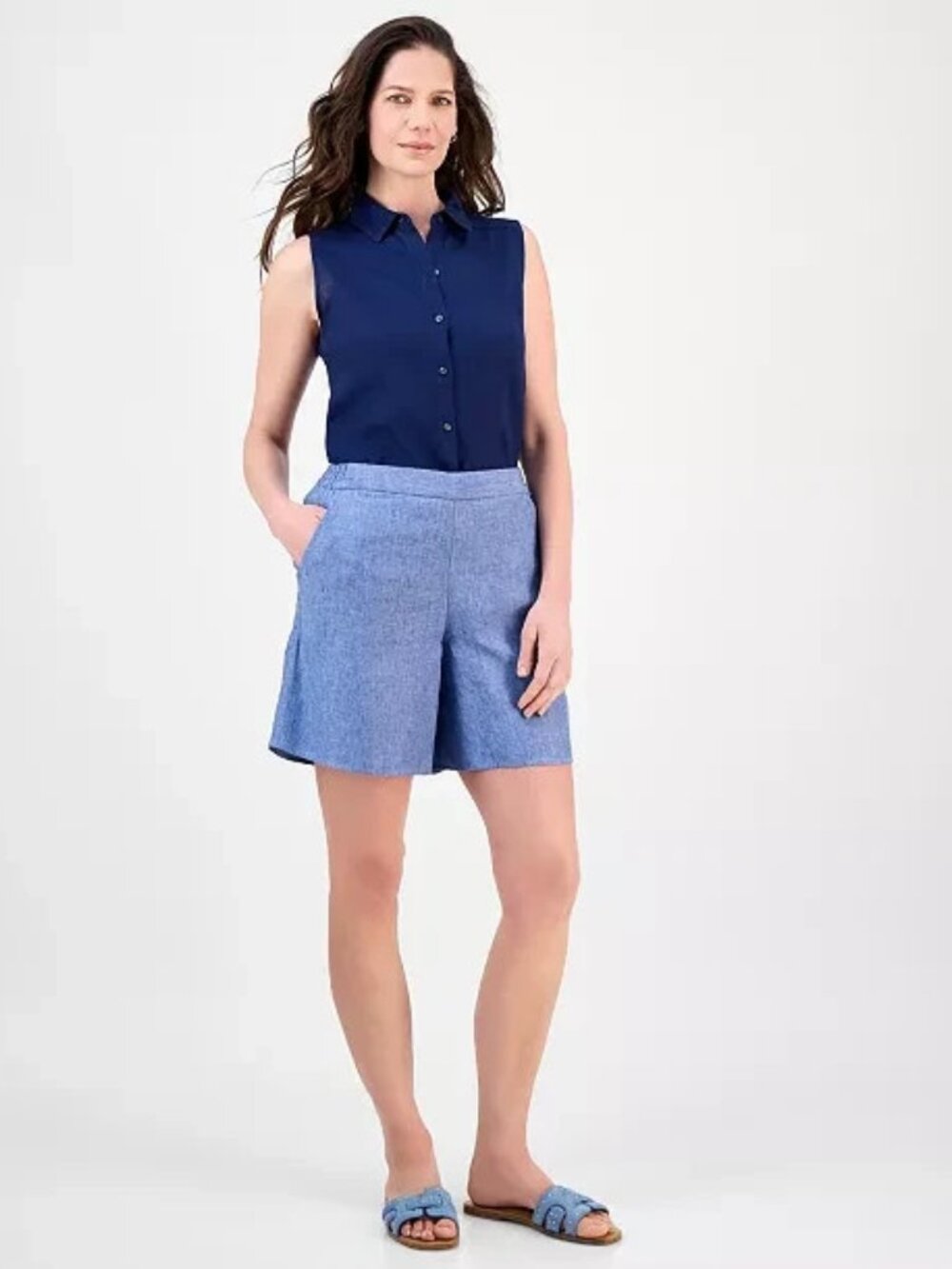 NWOT Charter Club Linen Luxury Shorts M Chambray Blue Elastic High Rise Pocket